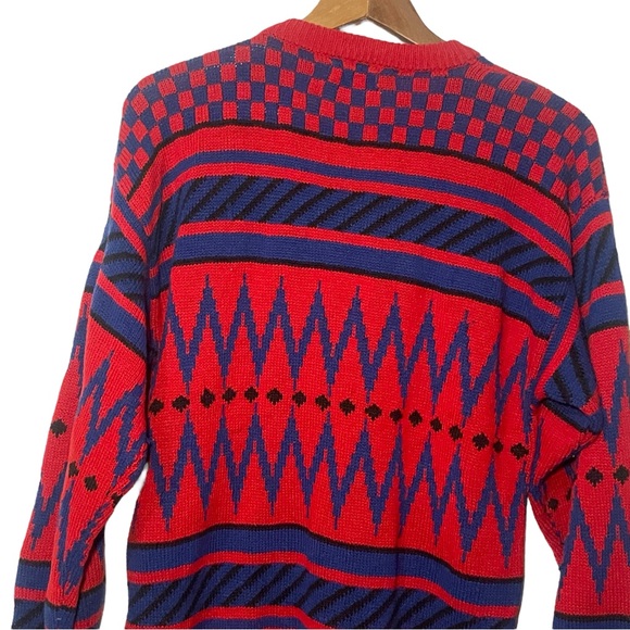 Vtg 80s Streetwear Mens L Knit Sweater Red Blue Purple Crewneck Geometric Print - Picture 11 of 11